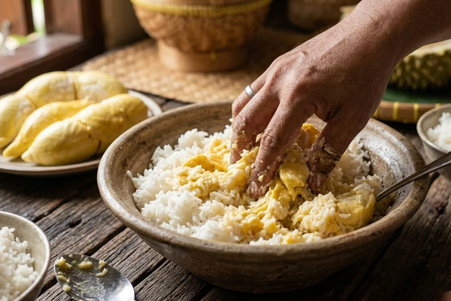 Gabungan nasi putih panas bersama isi durian mungkin kedengaran pelik.
