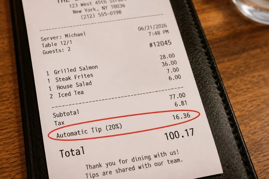 Sebahagian restoran mengenakan caj tip secara automatik dalam bil pelanggan.