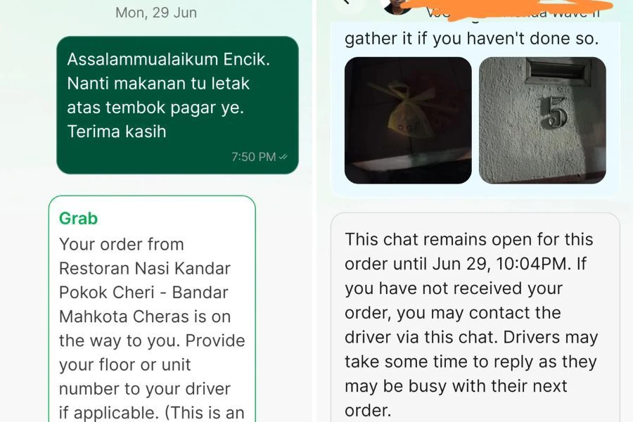 Bukti penghantaran makanan diletakkan di kawasan tong sampah.