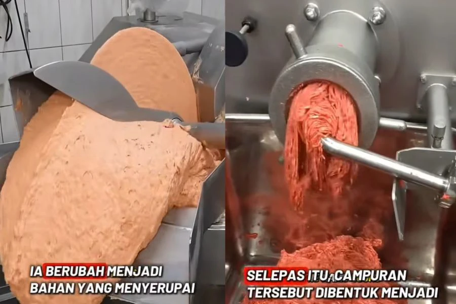 Tulang yang masih ada cebisan daging diproses sehingga halus dan dibentuk dalam acuan sosej.