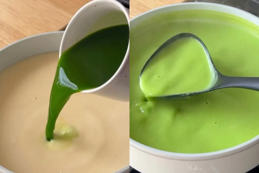 Gabungan jus pandan segar, susu cair dan agar-agar menghasilkan tekstur lembut berkrim.