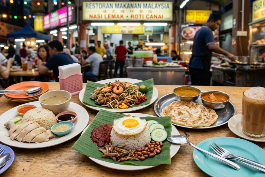 Nasi lemak, teh tarik, roti canai dan nasi ayam antara makanan popular di Malaysia. Foto Gambar AI