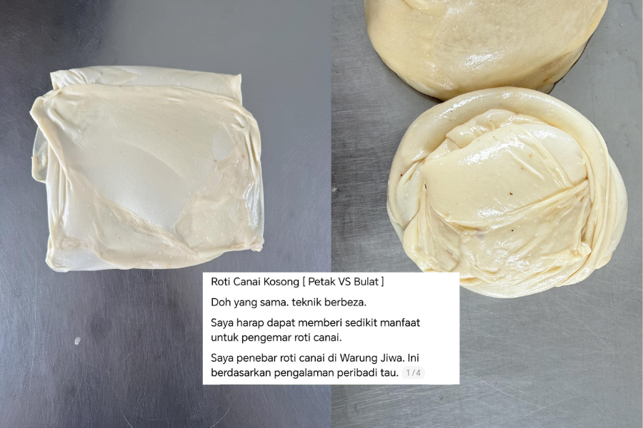 Walaupun menggunakan doh yang sama, namun teknik pembuatan membezakan tekstur roti canai bulat dan petak.