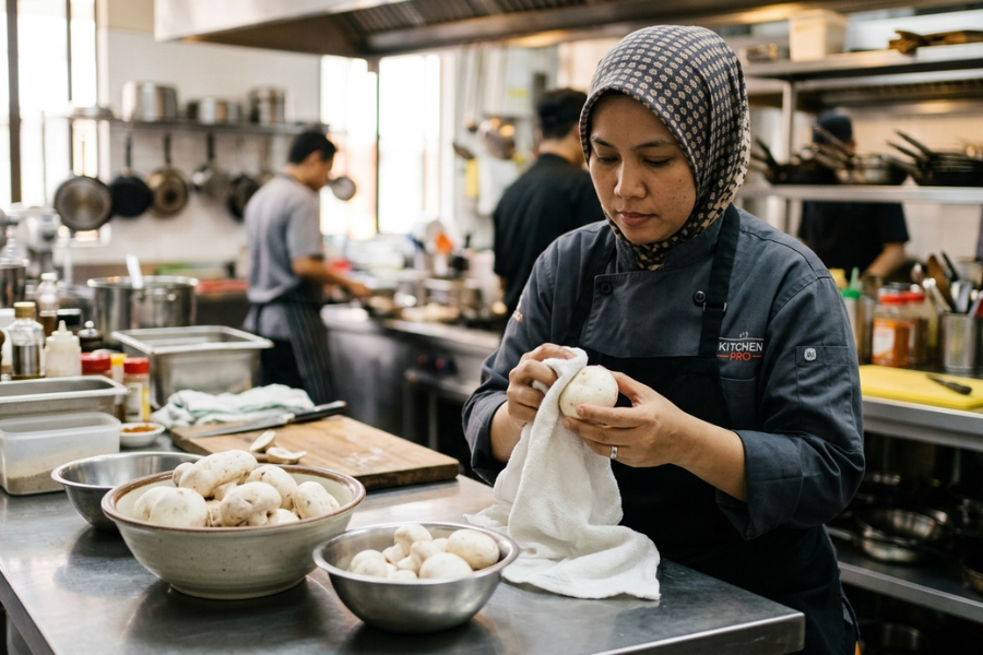 Cendawan yang hendak dijadikan sup cendawan sebaiknya cuma perlu dilap dengan tisu dapur atau kain bersih untuk kekalkan rasa aslinya.