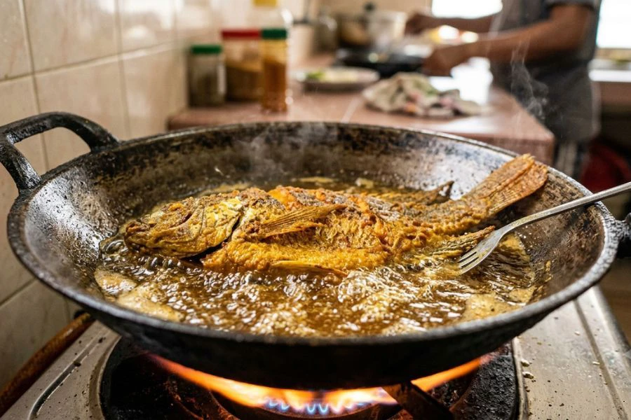 Pastikan minyak benar-benar panas ketika menggoreng ikan.