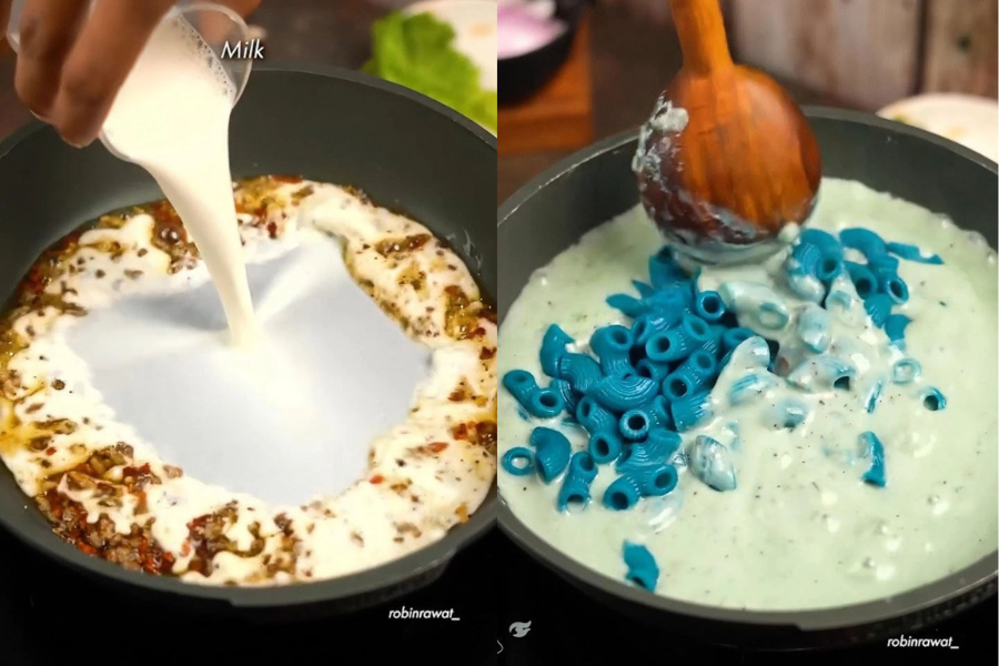 Lebih enak hidangan makaroni bunga telang dimasak dengan menggunakan susu segar. Foto Robin Nawat