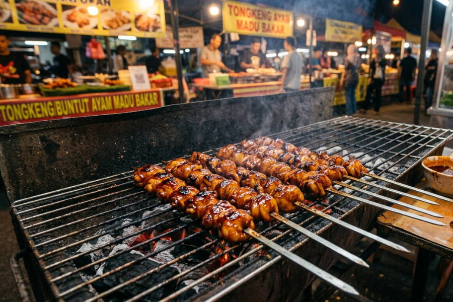 Tongkeng ayam bakar merupakan hidangan biasa ditemui di pasar malam di Malaysia.