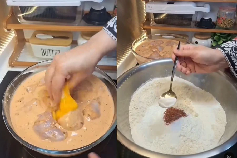 Campuran susu penuh krim dalam perapan membantu menjadikan bahan perapan lebih mudah melekat pada permukaan ayam sebelum disalut tepung.