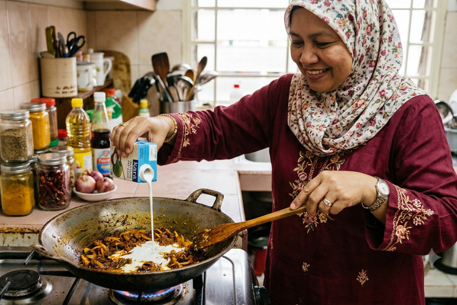 Memasukkan santan lebih awal ketika menumis menjadikan santan pecah minyak dengan sempurna. Foto Gambar AI