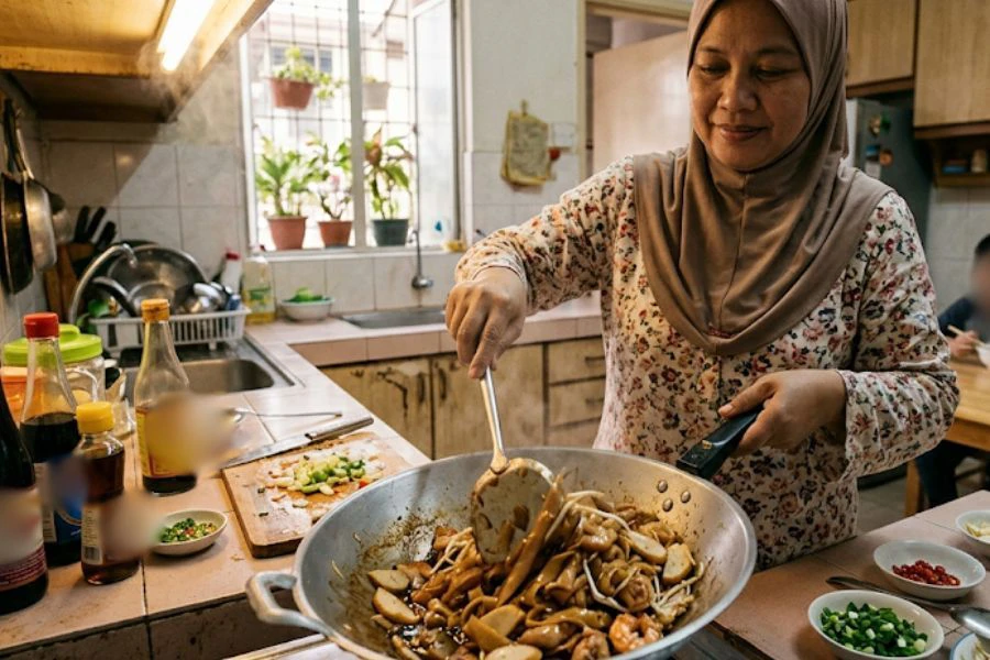 Masak sendiri mi ayam kicap untuk keluarga lebih puas .