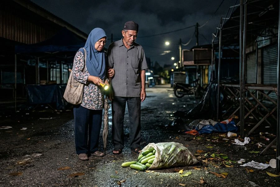Terdapat perkongsian netizen menceritakan ibu bapa mereka terpaksa mengutip sisa timun di pasar untuk dibawa pulang masak.