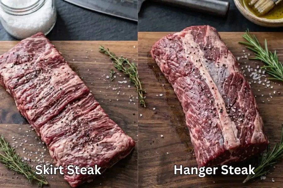 Skirt steak lebih nipis manakala hanger steak pula lebih tebal.