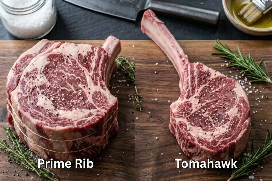 Prime rib mempunyai potongan tulang rusuk yang dipanggang manakala tulang rusuk tomahawk lebih panjang.