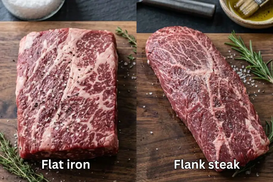 Flat iron mempunyai tekstur yang lebih lembut manakala flank steak lebih pejal.