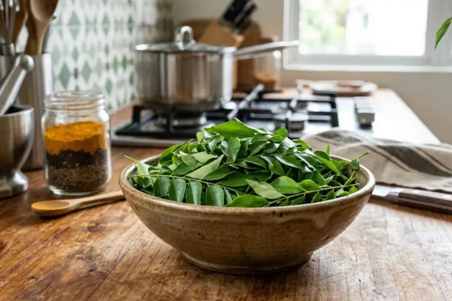 Daun kari antara bahan pembangkit aroma bagi menu asam pedas.