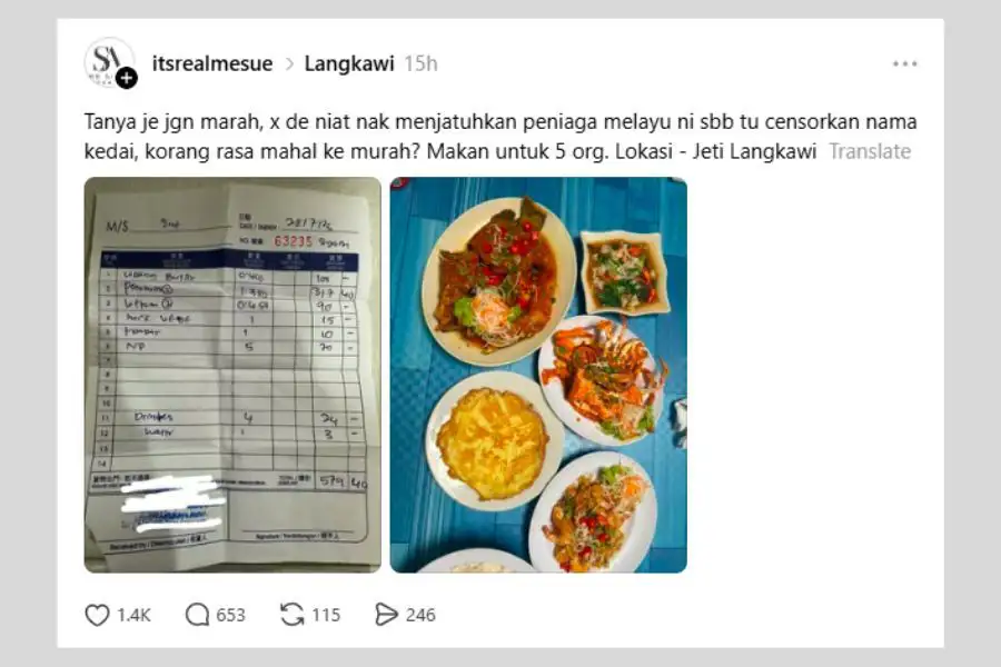 Berdasarkan resit tersebut, seekor ikan kerapu seberat 1.3 kilogram dikenakan caj RM317.