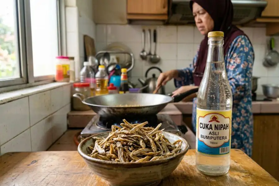 Cuka antara bahan digunakan untuk membantu menambah kerangupan ikan bilis.