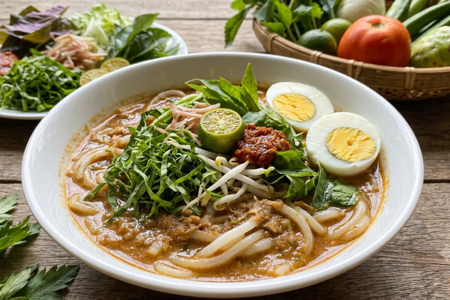 Kuah laksa Kedah dikatakan lebih 'ringan' dan dimakan bersama beberapa jenis ulam-ulaman.