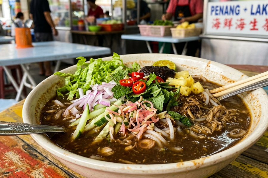 Laksa Penang terutama di bahagian pulau dimakan bersama potongan nanas dan otak udang.