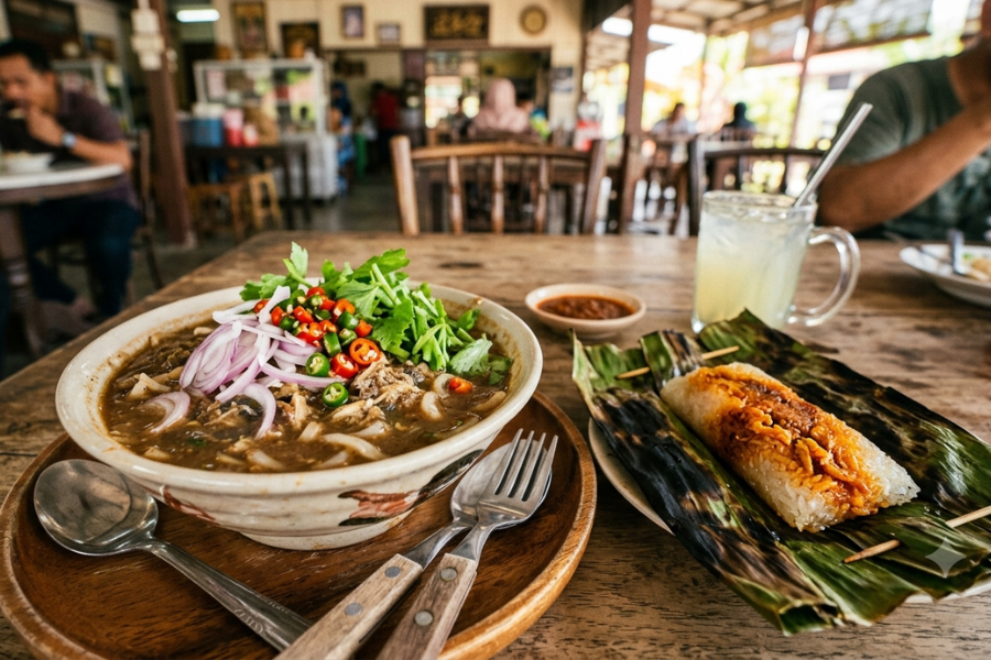 Keunikan laksa Perlis apabila hidangan itu dimakan bersama pulut udang.