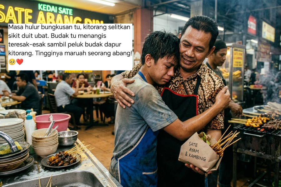 Peniaga sate yang tersentuh dengan kisah remaja tersebut akhirnya memberikan sate secara percuma untuk dibawa pulang.