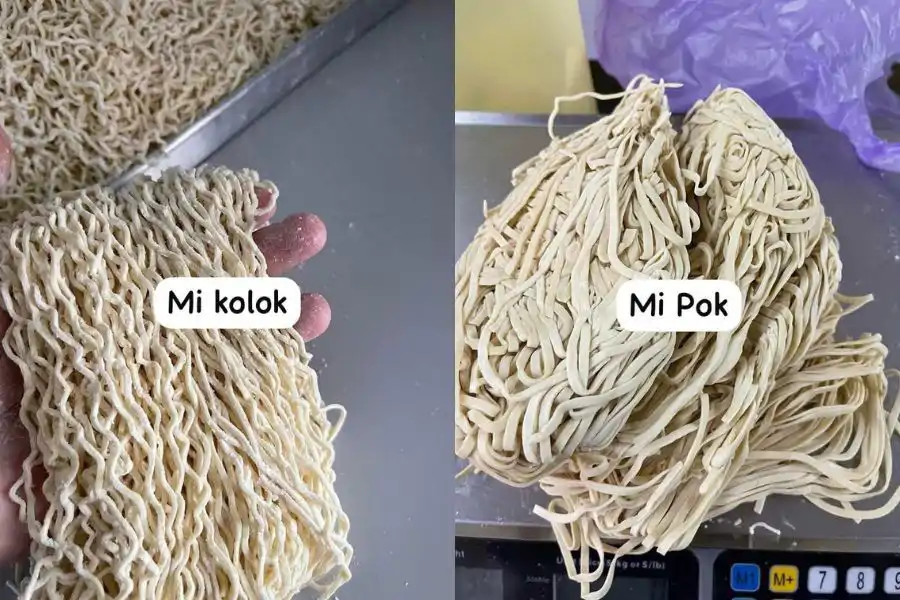 Mee pok berbentuk leper dan kenyal.