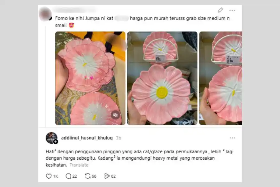 Netizen mengingatkan agar-agar orang ramai berhati-hati menggunakan pinggan mangkuk berwarna-warni.