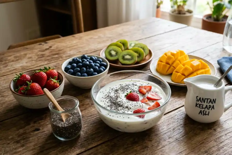 Tambaha buah-buahan enak menjadikan chia seeds yogurt bertambah enak.