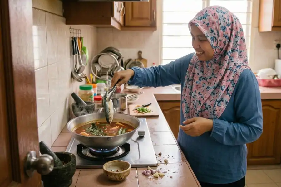 Kuah asam pedas dipanaskan semula dan ditambah ikan kembung.