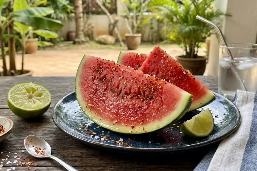 Orang mexico makan tembikai bersama serbuk cili, garam dan jus limau untuk menambahkan lagi kesegaran rasa buah.