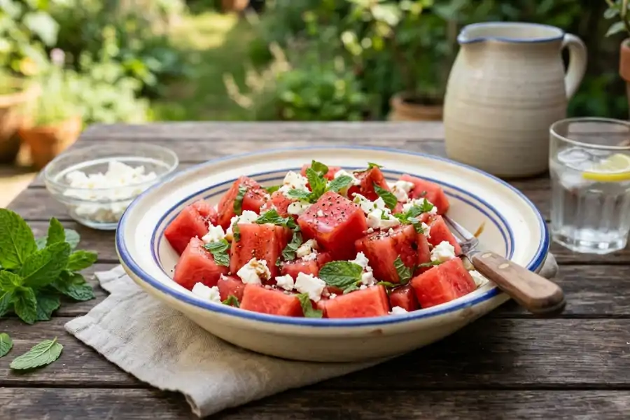Tembikai dimakan bersama keju feta masin di Greece.