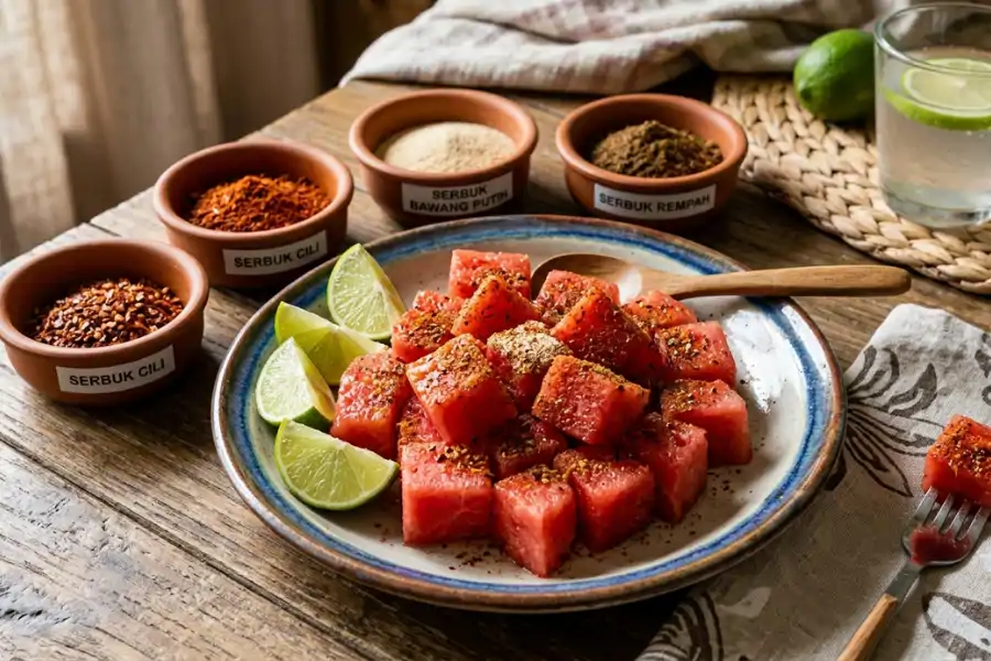 Campuran serbuk cili, bawang putih dan rempah membangkitkan lagi keenakan rasa buah tembikai.