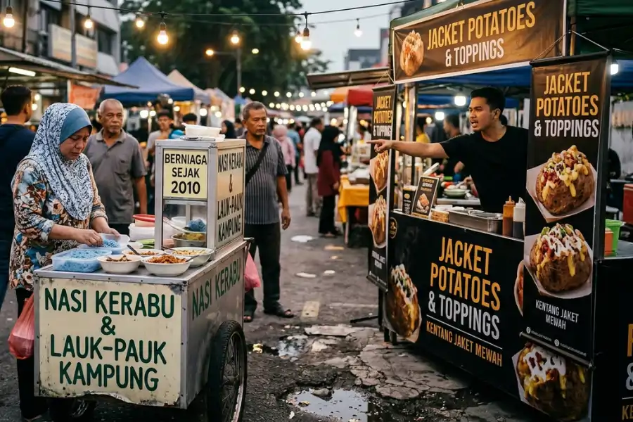 Semuanya bermula selepas seorang peniaga nasi kerabu berkongsi kisah diusir oleh peniaga kentang yang melarangnya berniaga di kawasan sama.