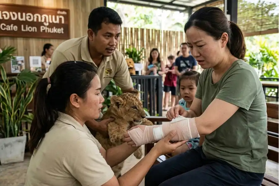 Seorang pelancong dari China cedera selepas lengannya digigit anak singa dalam kejadian yang berlaku di sebuah kafe di Phuket, Thailand.