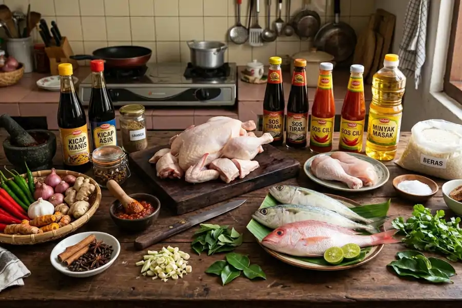 Bekalan bahan mentah melibatkan pelbagai barangan keperluan dapur, termasuk bahan basah dan barangan runcit.