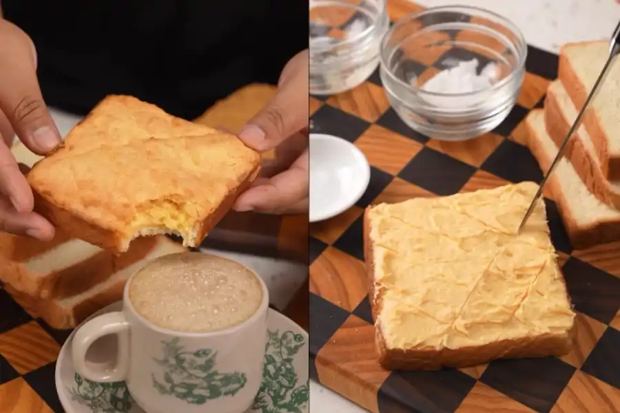 roti susu tebal, kemudian disalut dengan adunan tepung, mentega, gula dan kuning telur.