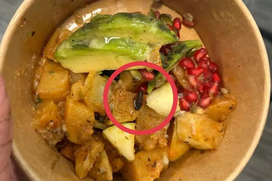 Dalam bulatan menunjukkan anak lipas yang ditemui dalam hidangan salad.