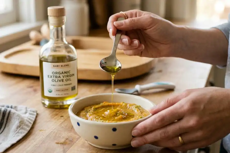 Ibu boleh mencampurkan kira-kira satu sudu kecil minyak zaitun (olive oil) ke dalam makanan anak.