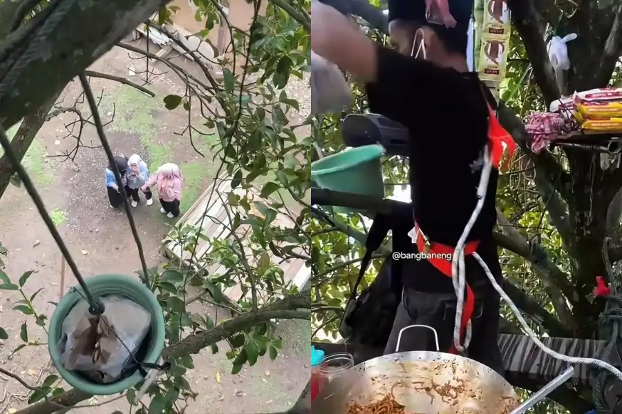 Cara Bangbaneng berinteraksi menjual mi Acegh dengan pelanggan menggunakan bakul yang diikat tali.