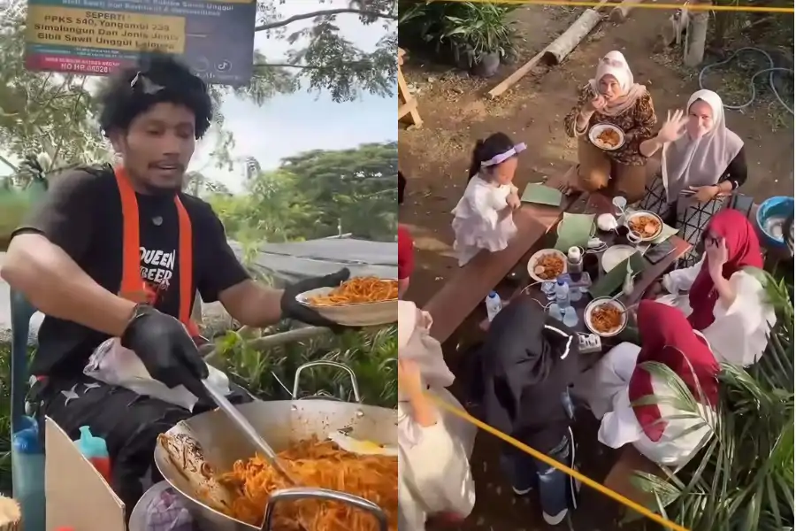 Ramai pelanggan datang untuk melihat cara unik Bangbaneng menjual mi Aceh dari atas pokok.
