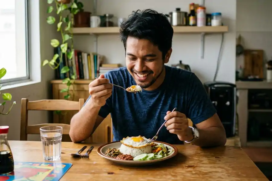 Jadikan hidangan lebih seimbang dengan sayur-sayuran dan sumber serat lain serta buah-buahan mengikut keperluan.