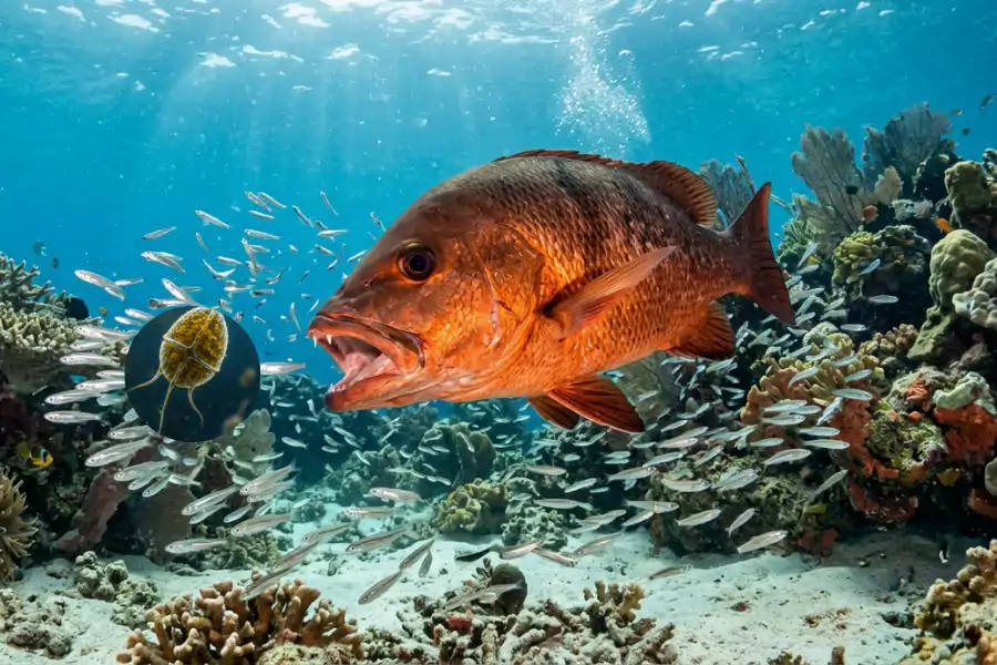 Ikan kecil akan memakan mikroalga laut dikenali sebagai dinoflagellates yang berkembang biak di dalam badan ikan.