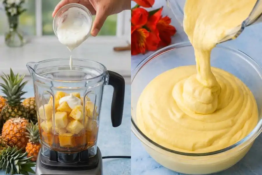 Nanas yang telah dibekukan dikisar bersama Greek yogurt, madu dan asen vanila sehingga halus.