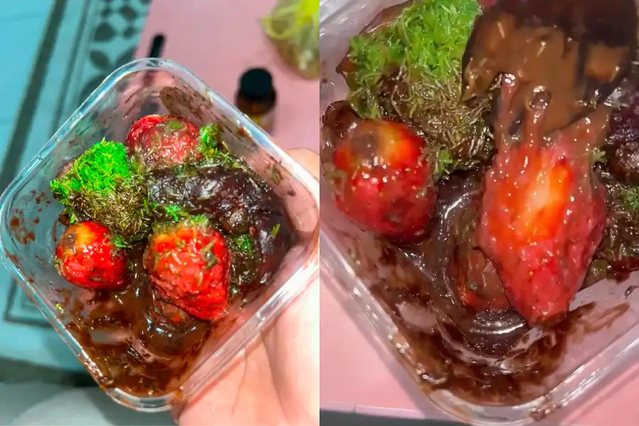 Keadaan kunafa strawberi coklat yang telah rosak walaupun telah disimpan dalam peti sejuk.