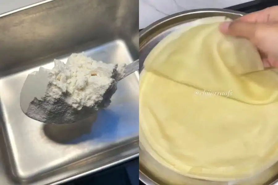 Bancuhan adunan tepung memainkan peranan untuk mendapatkan tekstur kenyal dan tidak mudah terkoyak.