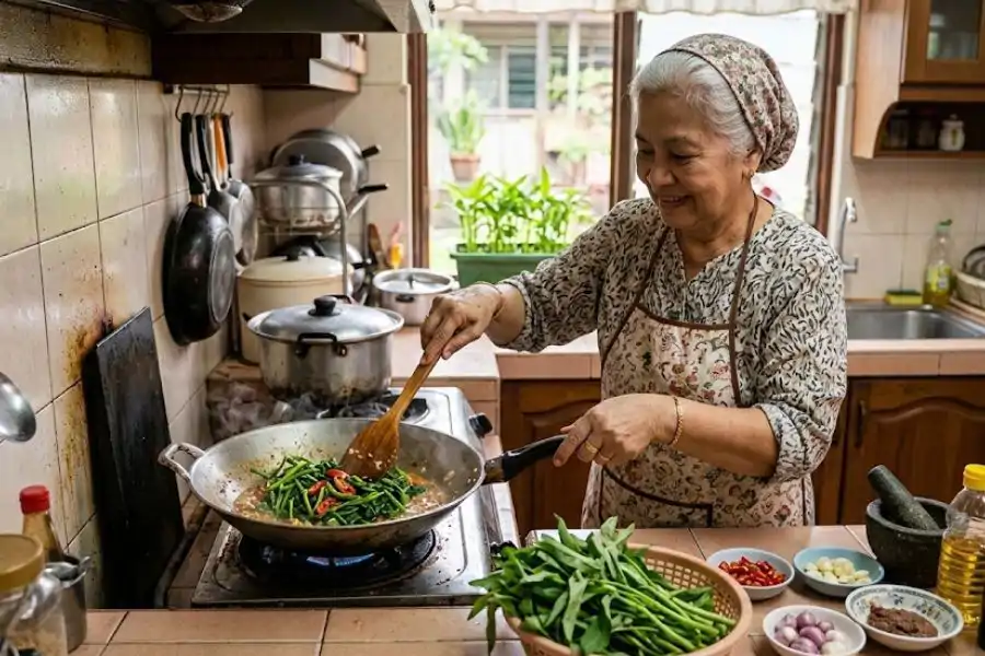Gabungan kangkung tumis berlada dengan nasi lemak adalah menu biasa dijumpai di Melaka.