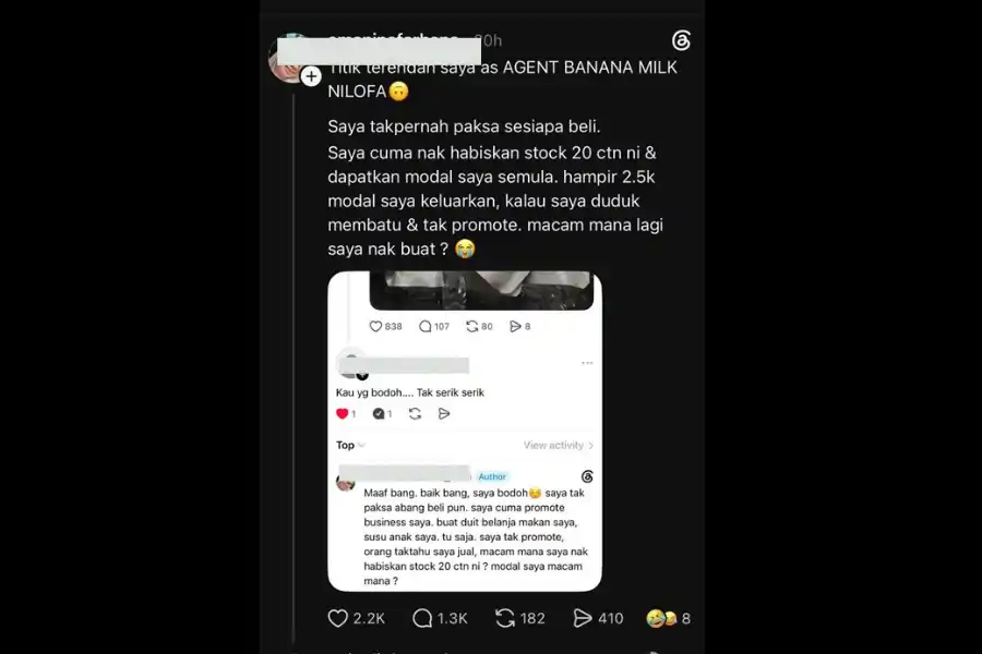 Perkongsian wanita yang merupakan stokis susu pisang tersebut di Threads.