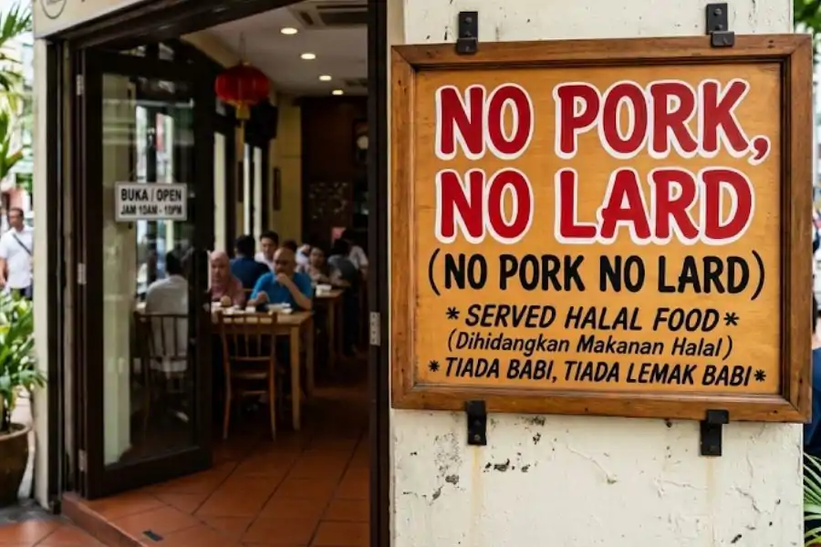 Label ‘No Pork No Lard’ sering digunakan restoran bagi menunjukkan makanan dihidangkan tidak menggunakan daging atau lemak babi.