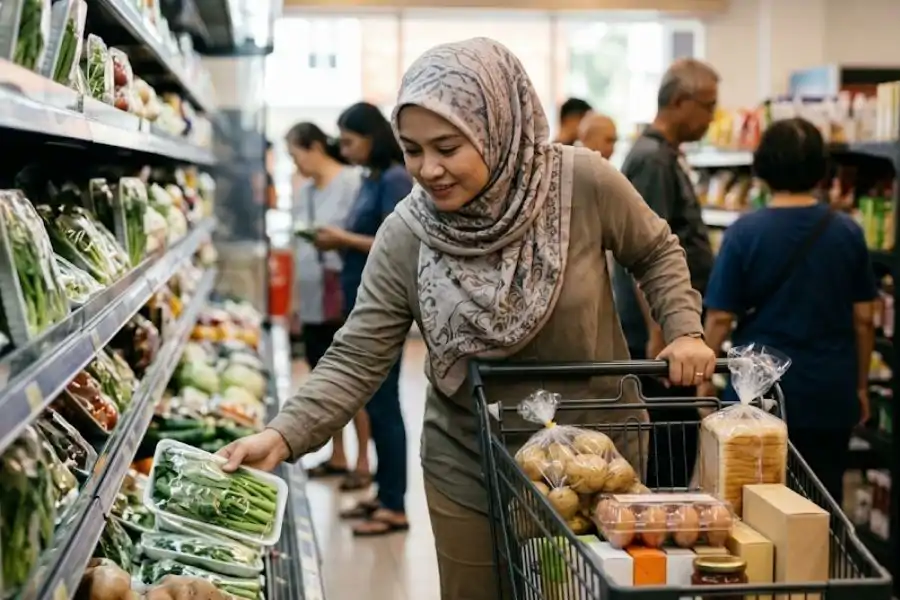 Individu ini membahagikan RM150 mengikut kategori seperti protein, sayur dan buah, karbohidrat serta barang dapur.