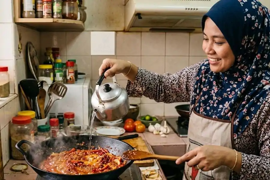 Rempah perlu ditumis secara berperingkat supaya masak sempurna.